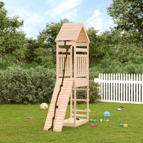 Playhouse with Climbing Wall Solid Wood Pine (Color: Brown)